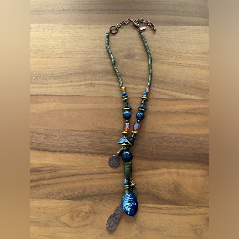 Treska multimedia 90’s necklace. Copper, glass, ceramic, bronze beads. Hammered.